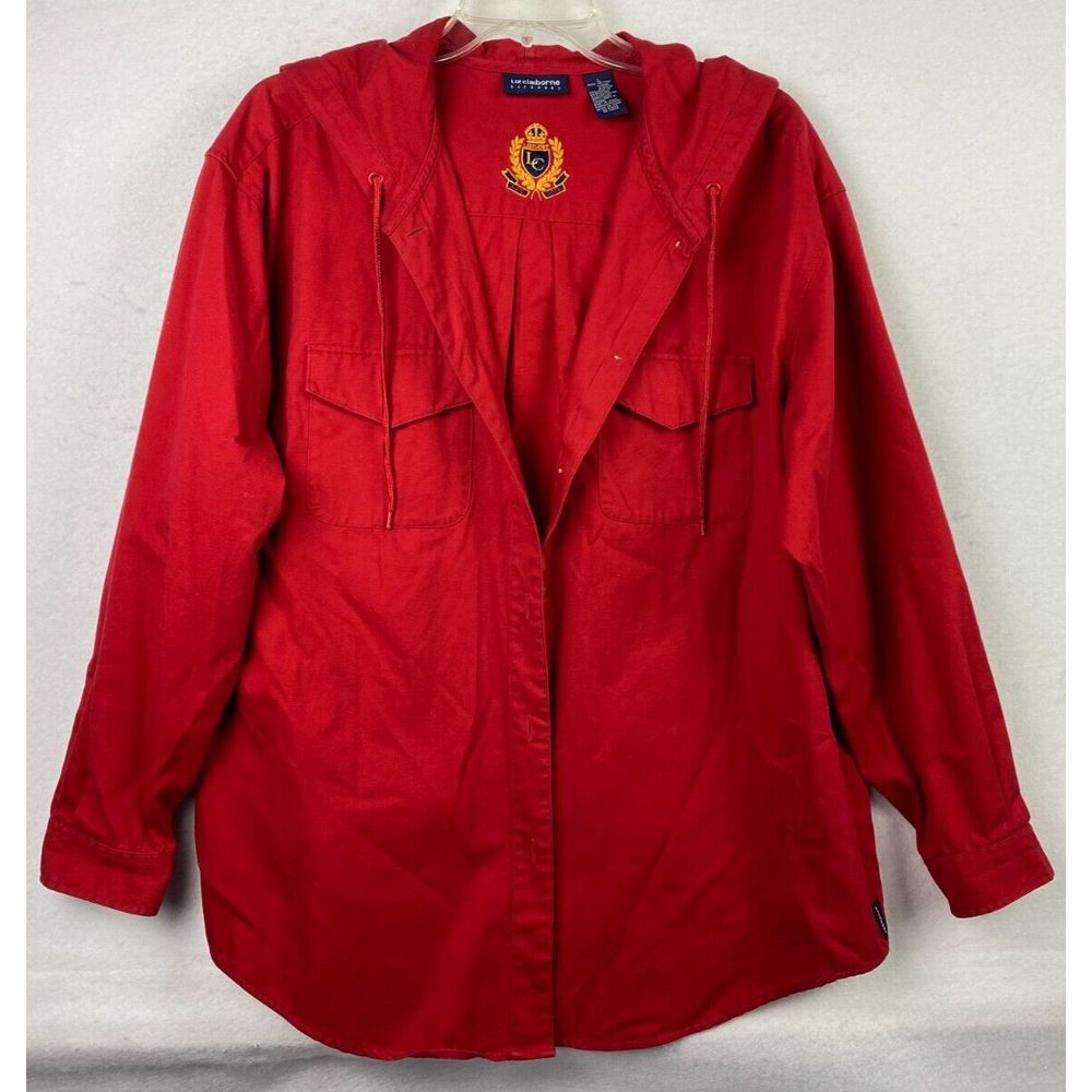 LIZ SPORT Claiborne Button Up Long Sleeve Cotton Shirt Hood Crest‎ Vintage Sz L